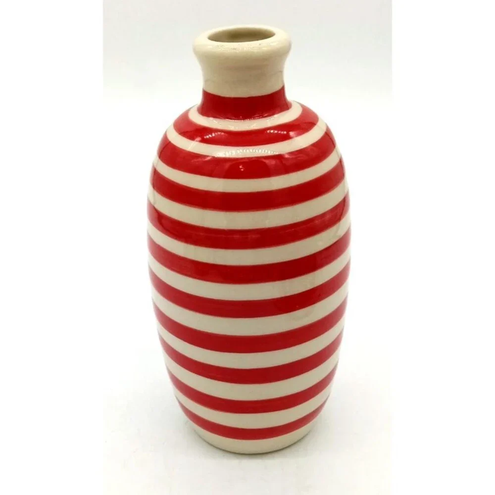 Handmade Beneoliva Spain Red & Beige Striped Ceramic Olive Oil Bottle Vase 7.75